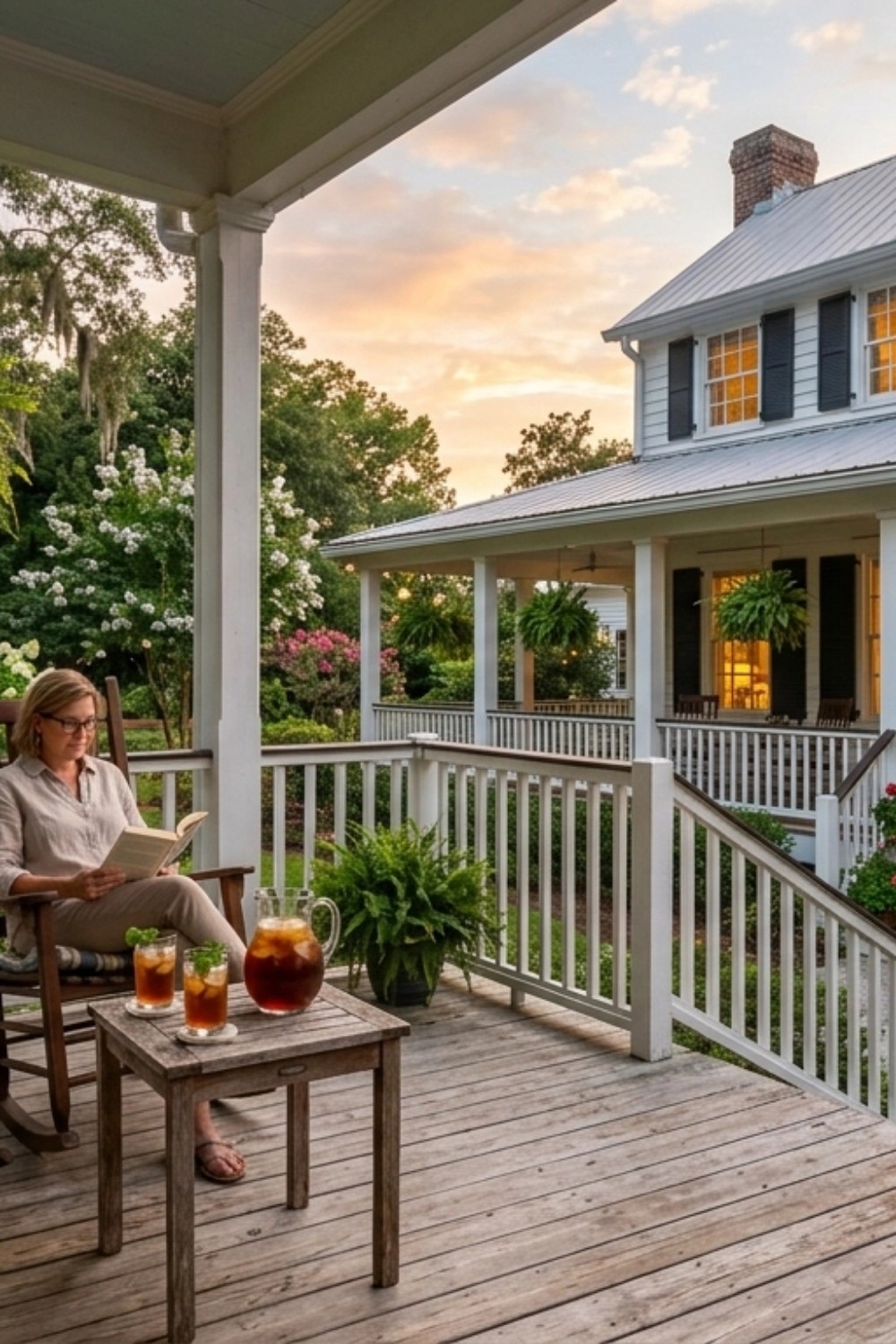 A woman sits on a wooden porch reading a book at sunset. A table beside her holds a pitcher of iced tea and two glasses. A white house with a wraparound porch and lush greenery is in the background.