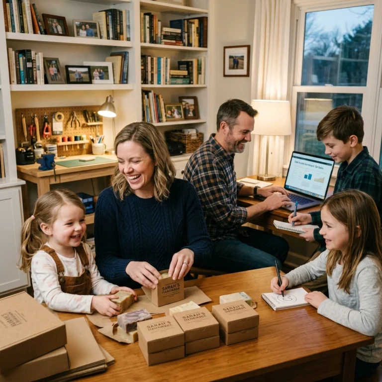 A family of four works together at a table, packing cardboard boxes and writing notes. Shelves with books and crafts are in the background. The atmosphere is cheerful and collaborative.
