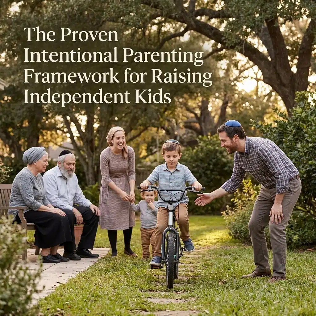 A smiling family outdoors watches a young boy ride a bike for the first time, with adults encouraging him. Text reads: “The Proven Intentional Parenting Framework for Raising Independent Kids.”.