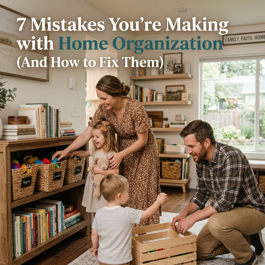 A smiling family of four organizes toys in a bright, tidy living room with wooden shelves, baskets, books, and large windows. Text overlay reads: 7 Mistakes You’re Making with Home Organization (And How to Fix Them).