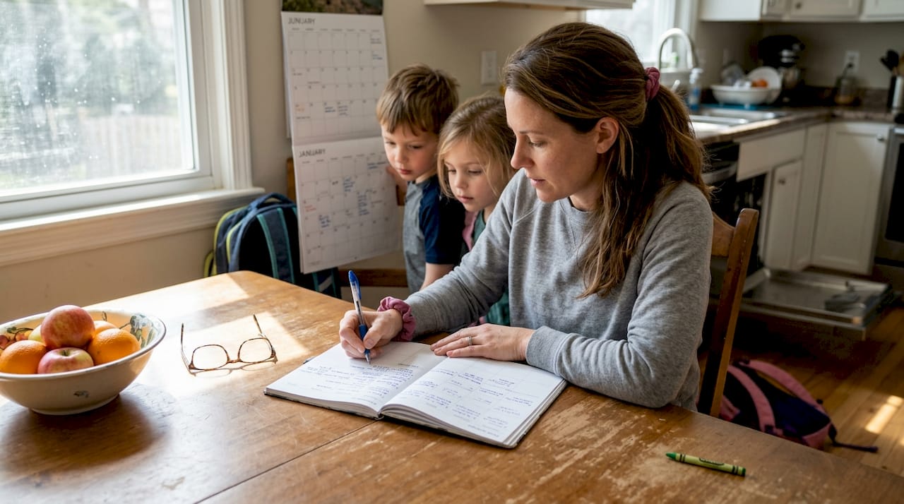 Parent planning week with children at kitchen table