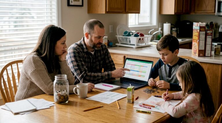 Family holding money discussion at kitchen table