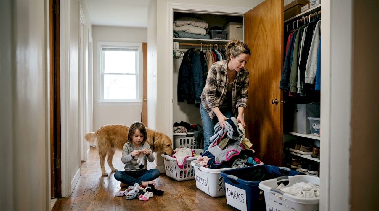 Mother and child organize family hallway closet