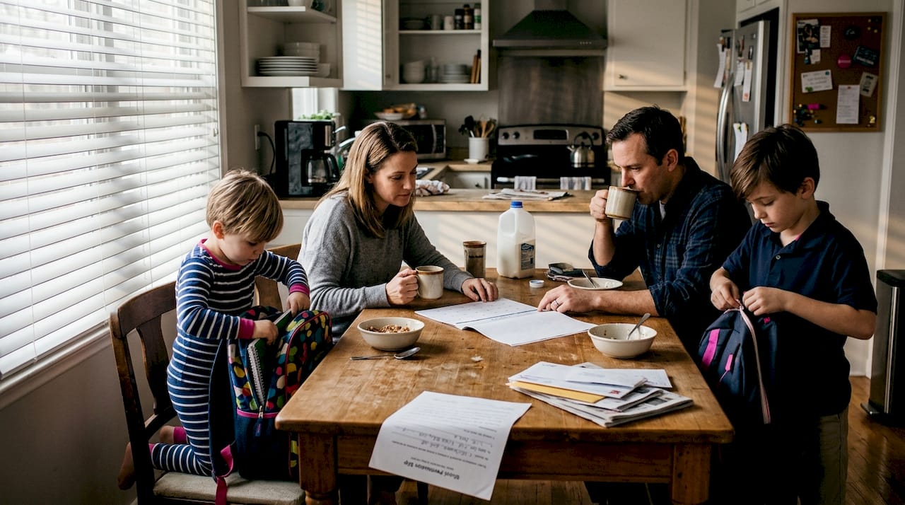 Family starting the day at kitchen table