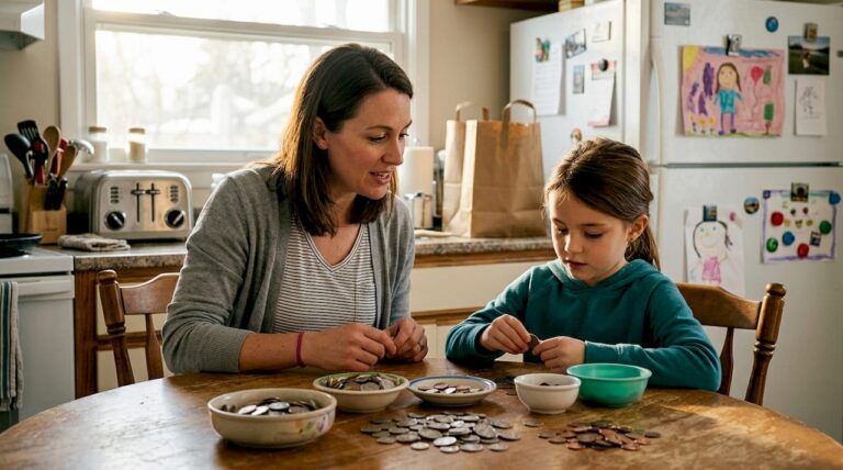 Parent teaching child about coins at kitchen table