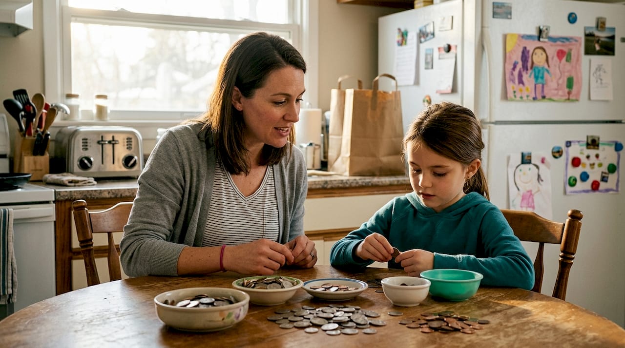 Parent teaching child about coins at kitchen table