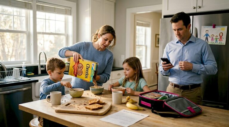 Busy parents prepping breakfast for kids