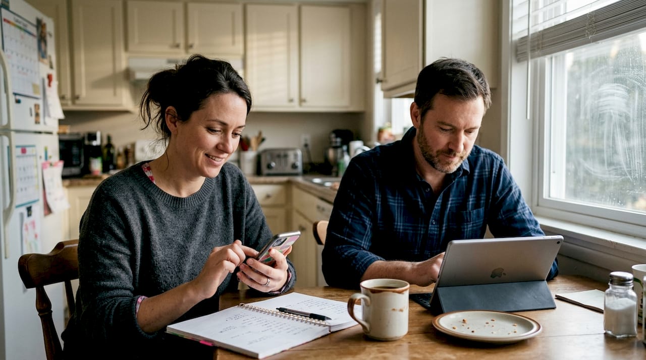 Parents coordinating schedules at kitchen table
