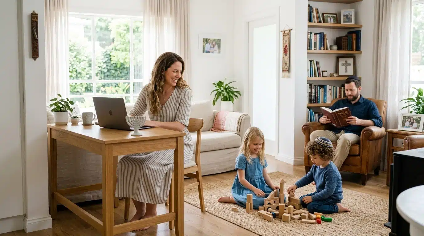 A woman works on a laptop at a desk while two children play with blocks on a rug. A man reads a book in an armchair. The room is bright with large windows, bookshelves, and plants.