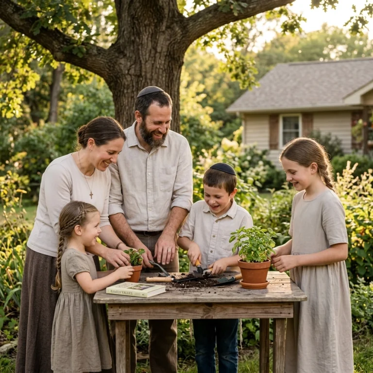 A smiling family of four stands around a wooden table outdoors, potting plants together. Two children and two adults work with soil and potted herbs, with a tree and house in the background on a sunny day.