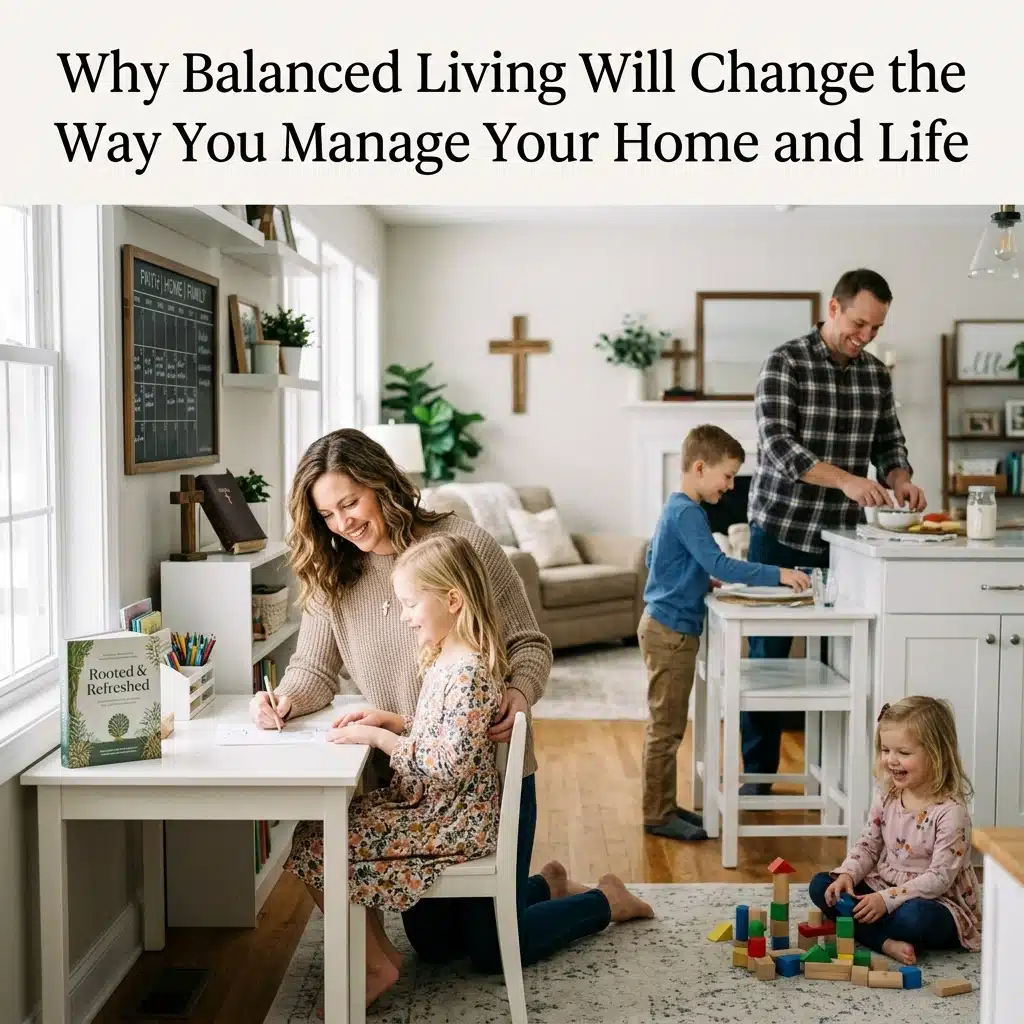 A smiling woman helps a young girl with drawing at a small table, while two children play with blocks on the floor and a man prepares food in a bright, tidy kitchen and living area. Text above reads about balanced living.