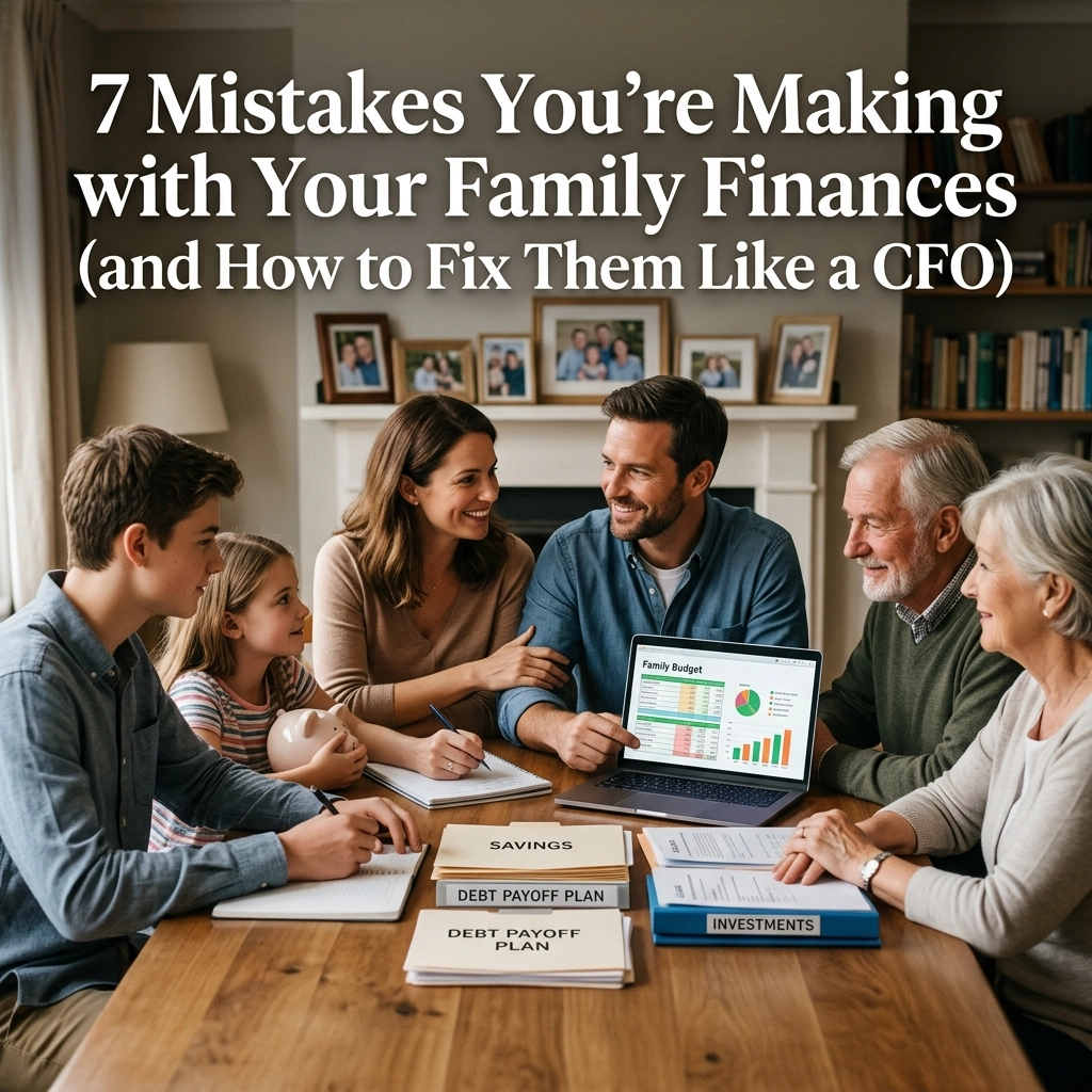 A family of six sits around a table discussing finances, with labeled folders for savings, debt payoff, and investments. A family budget chart is displayed on a laptop. Text above reads, 7 Mistakes You’re Making with Your Family Finances.