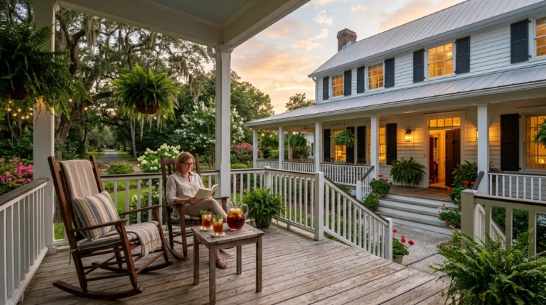 A woman sits reading on a porch with a table holding iced tea. The porch overlooks a garden and a large white house with black shutters at sunset, with hanging ferns and blooming flowers visible.