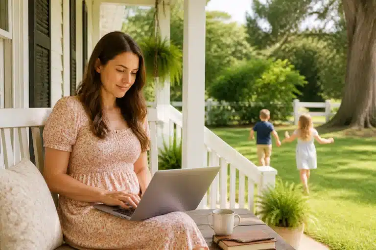 A woman sits on a porch using a laptop, with a cup, glasses, and books beside her. In the background, two children run and play on a grassy lawn surrounded by trees and plants.