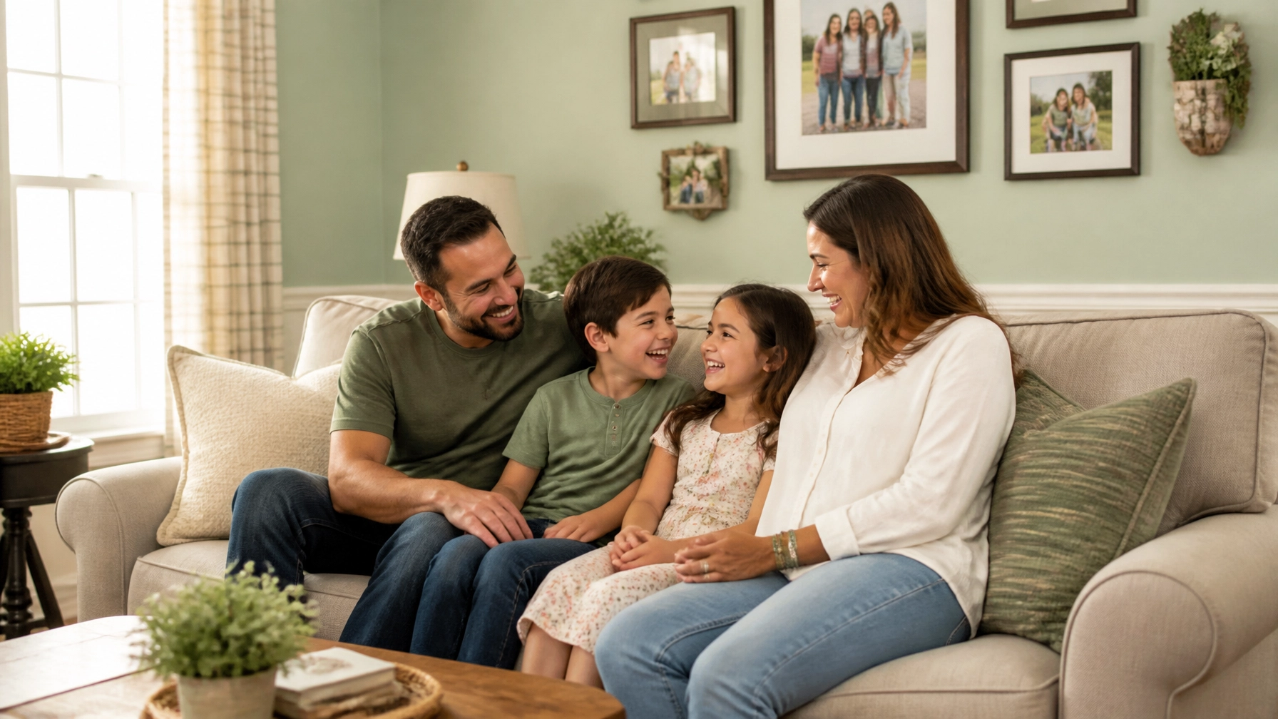 A family of four—two adults and two children—sit together on a sofa, smiling and laughing in a cozy living room decorated with family photos and green accents.