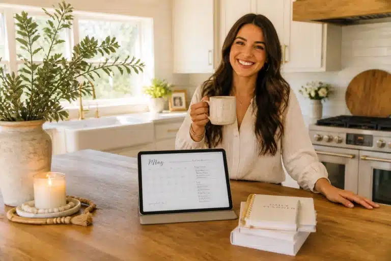 A smiling woman holds a coffee mug in a bright white kitchen, standing at a wooden counter with a tablet showing a May calendar, a daily planner, and a lit candle nearby.