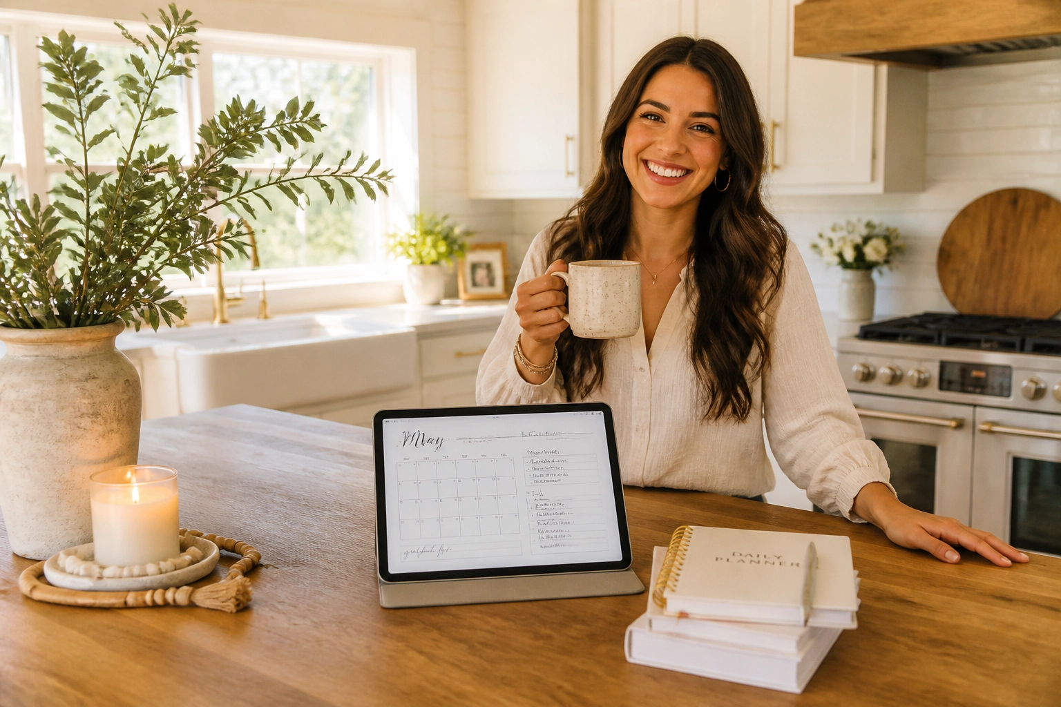 A smiling woman holds a coffee mug in a bright white kitchen, standing at a wooden counter with a tablet showing a May calendar, a daily planner, and a lit candle nearby.