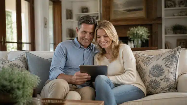 A smiling couple sits close together on a sofa, looking at a digital tablet. They appear relaxed and happy in a cozy, well-decorated living room with light-colored furnishings and floral cushions.