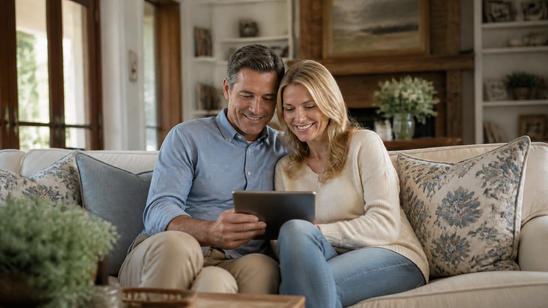 A smiling couple sits close together on a sofa, looking at a digital tablet. They appear relaxed and happy in a cozy, well-decorated living room with light-colored furnishings and floral cushions.