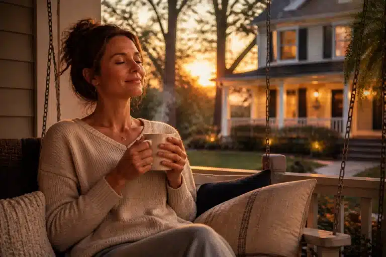 A woman sits on a porch swing, eyes closed and smiling, holding a mug with both hands. She is surrounded by pillows, and a house with a porch is visible in the background at sunset.