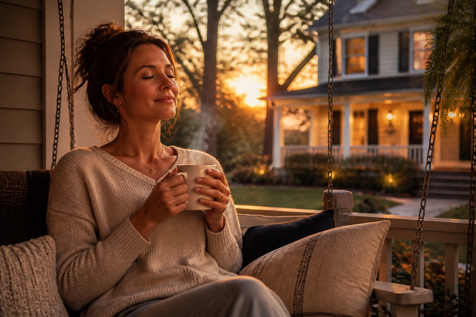 A woman sits on a porch swing, eyes closed and smiling, holding a mug with both hands. She is surrounded by pillows, and a house with a porch is visible in the background at sunset.
