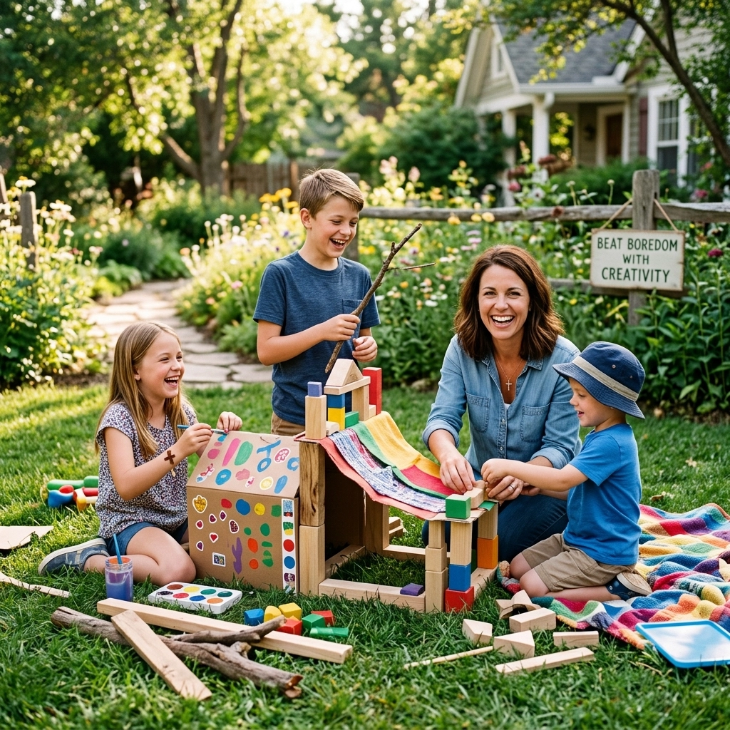 A woman and three children happily build a colorful fort with blocks and fabric in a sunny backyard. A sign nearby reads “Beat boredom with creativity.” Flowers and a house are visible in the background.