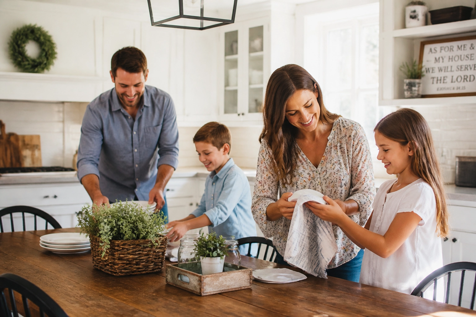 A family of four is setting a wooden dining table in a bright kitchen. The mother and daughter are drying dishes, while the father and son arrange plates, all smiling and working together.