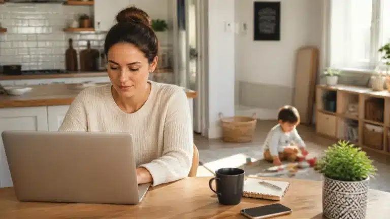 A woman works on a laptop at a kitchen table with a notebook, mug, and phone nearby. In the background, a young child plays on the floor in a bright, cozy home setting.