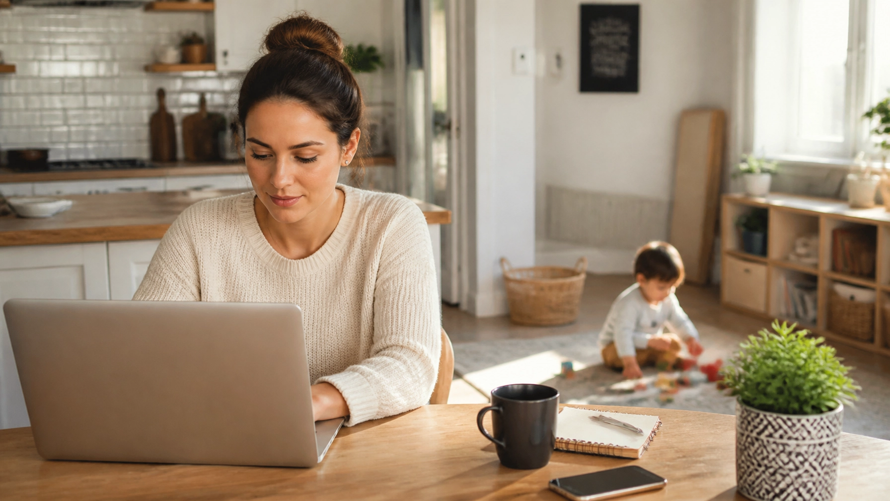 A woman works on a laptop at a kitchen table with a notebook, mug, and phone nearby. In the background, a young child plays on the floor in a bright, cozy home setting.