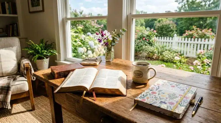 A cozy study with an open book, journal, glasses, pen, and coffee mug on a wooden desk by a sunny window. Outside, there’s a garden with blooming flowers and a white picket fence.