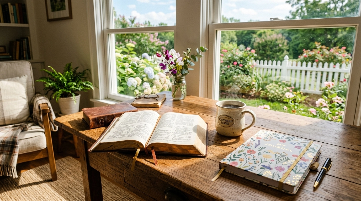 A cozy study with an open book, journal, glasses, pen, and coffee mug on a wooden desk by a sunny window. Outside, there’s a garden with blooming flowers and a white picket fence.