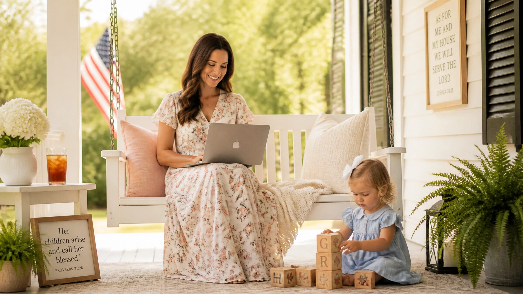 A woman in a floral dress works on a laptop while sitting on a porch swing, smiling at a young girl in a blue dress who plays with wooden blocks on the porch. Plants, a drink, and decorative signs are nearby.