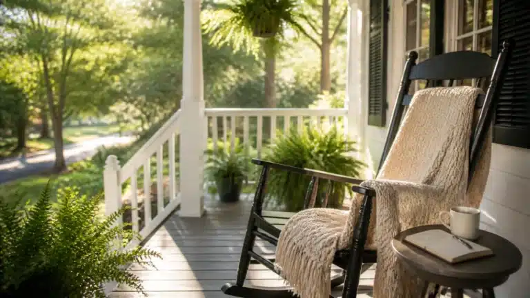 A cozy porch with a black rocking chair draped in a blanket, beside a small table holding a book and a mug. Ferns and greenery surround the space, with sunlight filtering through the trees.