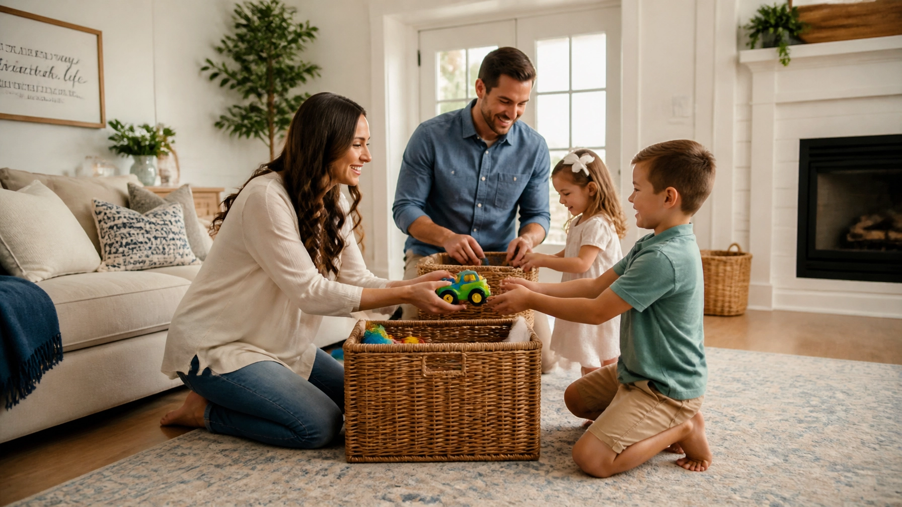 A family of four smiles and kneels on a living room rug, organizing toys into wicker baskets together. The room is bright and cozy, with a sofa, plants, and a fireplace in the background.