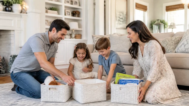 A smiling family of four sits on the living room floor, organizing toys and books into white baskets. Parents and two young children enjoy tidying up together in a cozy, well-lit home.