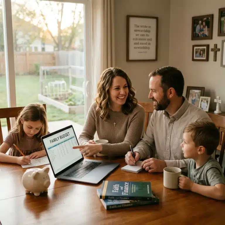 A family of four sits at a table making a budget. The mother points to a laptop screen showing “Family Budget.” The father takes notes, while their young daughter writes and their son holds a mug. A piggy bank and finance books are on the table.