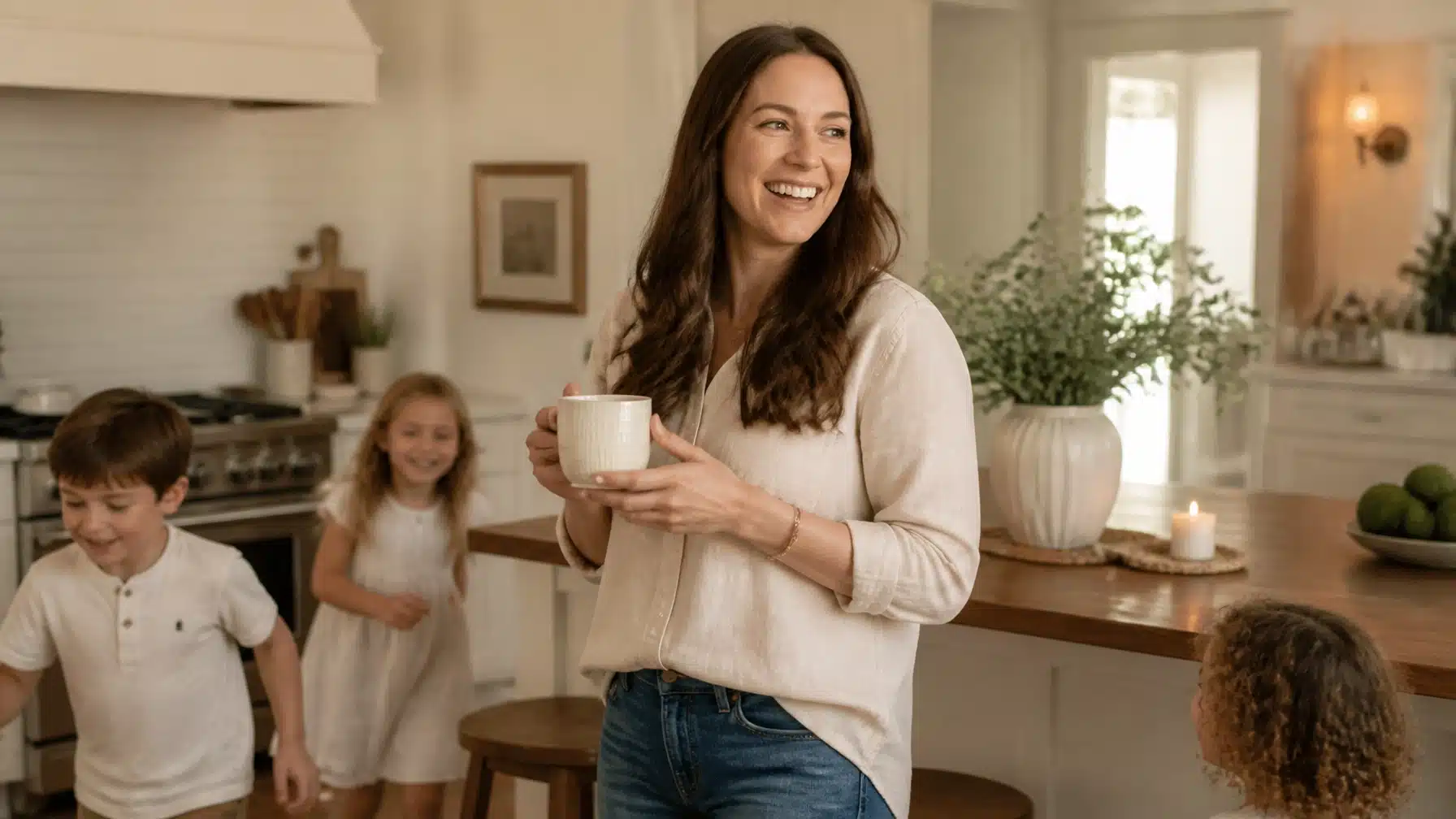 A woman stands in a bright kitchen holding a mug and smiling, while three young children play around her. The kitchen is decorated with plants and neutral colors, creating a warm and inviting atmosphere.