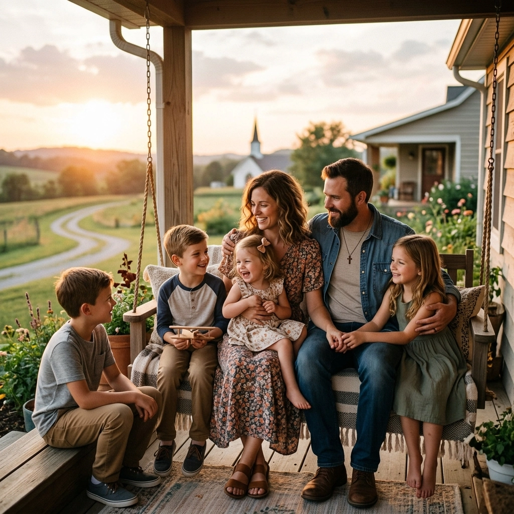 A family of five sits together on a porch swing at sunset, smiling and laughing. A rural landscape with a winding road, green fields, flowers, and a distant church is visible in the background.