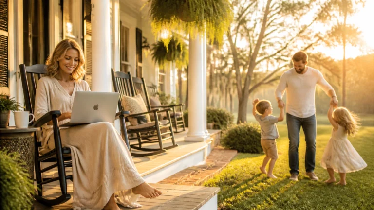 A woman sits on a porch working on a laptop while smiling, as a man plays with two young children on the sunny lawn nearby. The scene is warm and relaxed, surrounded by greenery and morning light.