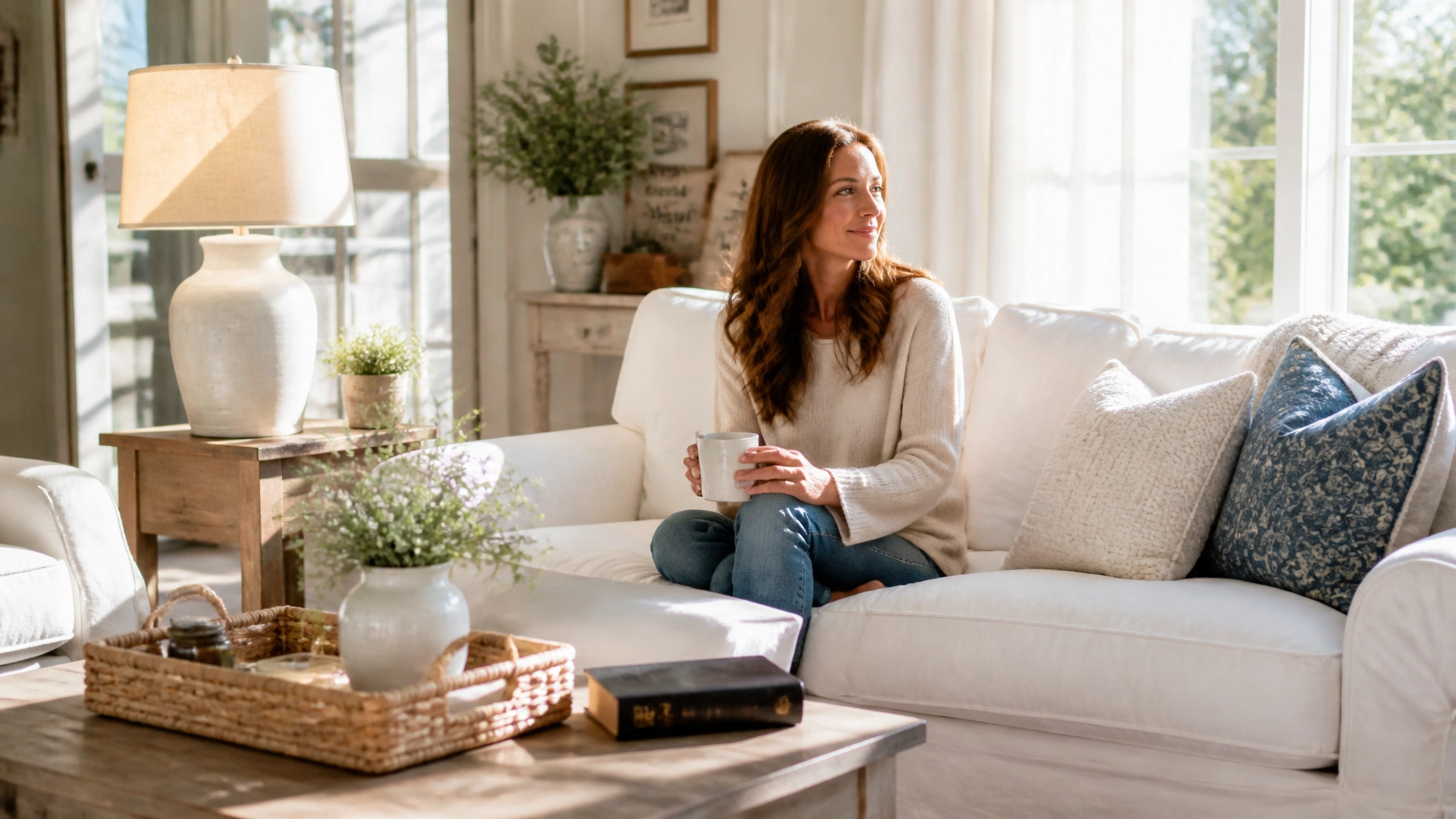 A woman sits on a white sofa in a sunlit living room, holding a mug and looking out the window. The room features neutral decor, potted plants, a table lamp, and a wicker tray on a wooden coffee table.