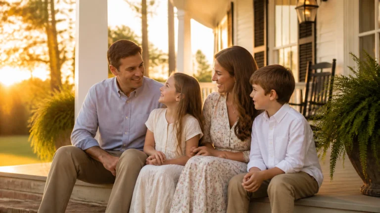A family of four—father, mother, daughter, and son—sit together on a porch at sunset, smiling and talking. They are dressed in light, casual clothes, surrounded by greenery and warm golden light.