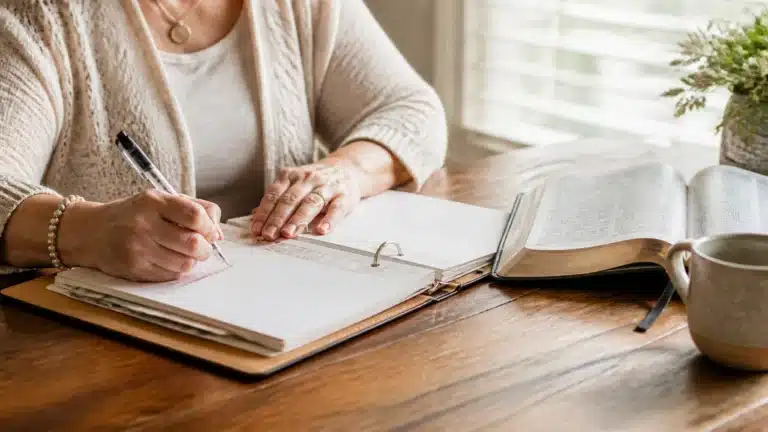 A person writes in a binder on a wooden table beside an open book, a mug, and a small plant, with sunlight streaming through window blinds in the background.