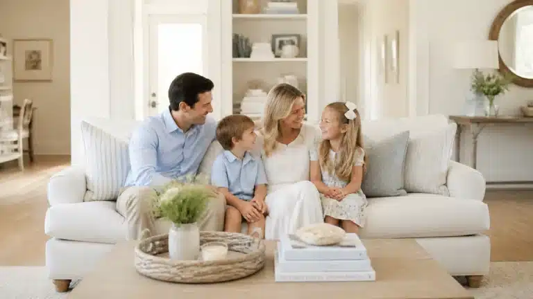A smiling family of four sits on a white couch in a bright living room. The parents and two young children, a boy and a girl, are talking and laughing together. The room has light decor and a coffee table with books and a plant.