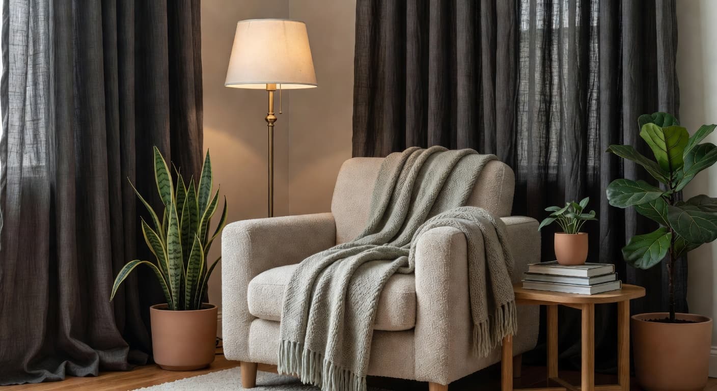 A plush armchair sits beside heavy curtains with a soft throw blanket draped over the armrest. Warm ambient lighting fills the tidy space, highlighting the calm atmosphere of this home interior.