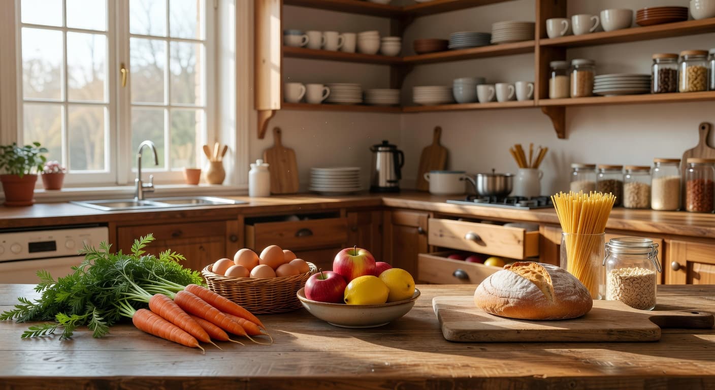 Warm morning light illuminates a rustic wooden kitchen counter holding fresh vegetables and a ceramic bowl. The soft glow creates an inviting, organized workspace ideal for preparing wholesome family meals daily.