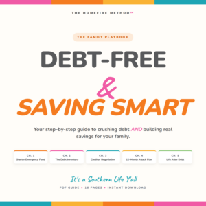 An ad for the Debt-Free & Saving Smart Playbook, featuring colorful chapter tabs and step-by-step guidance to manage debt and boost savings, with the tagline “It’s a Southern Life Y’all.”.