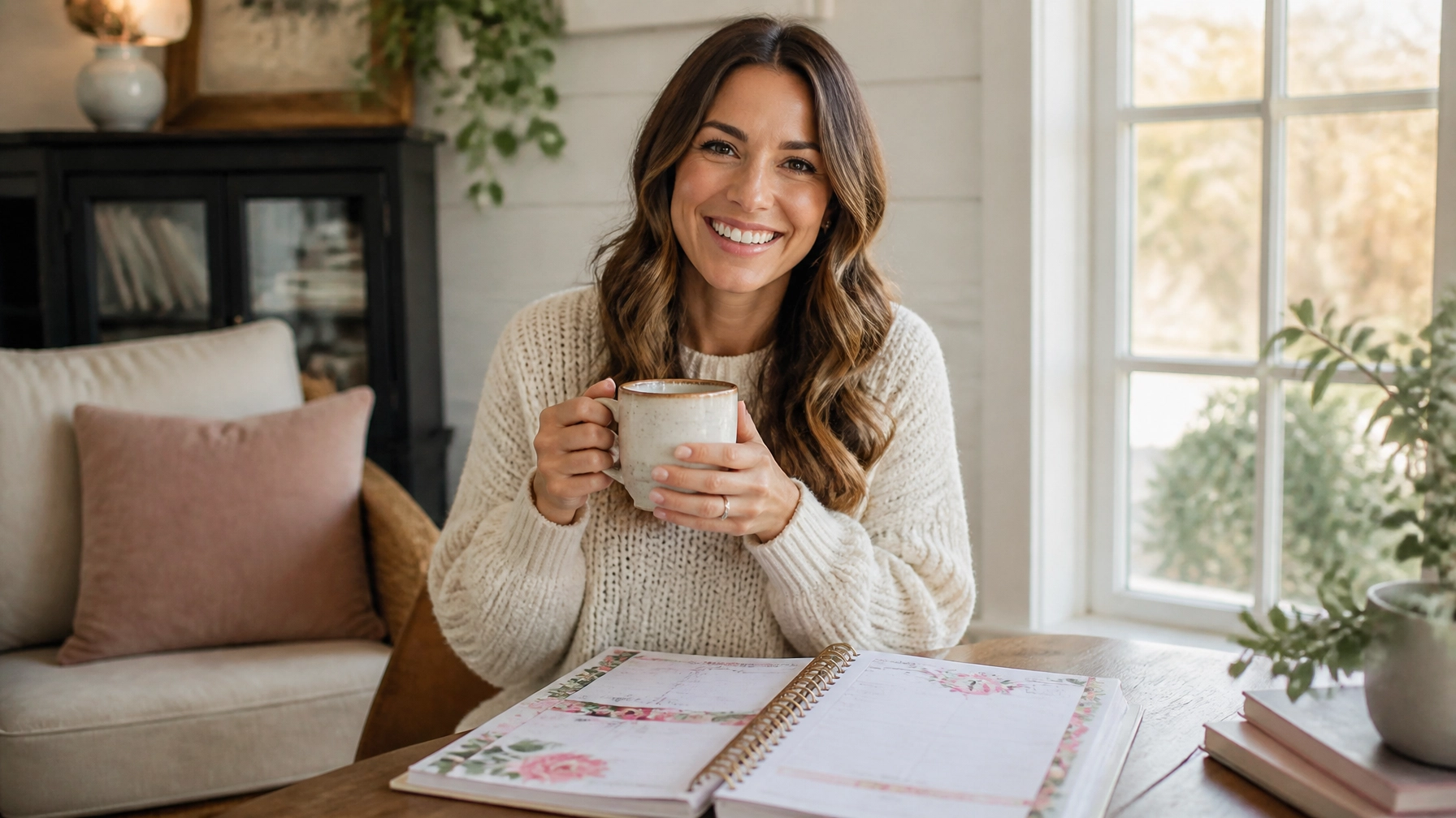 A woman with long brown hair in a cozy sweater smiles while holding a mug at a wooden table with an open floral planner. She sits in a bright, inviting room with a sofa, plants, and a large window.
