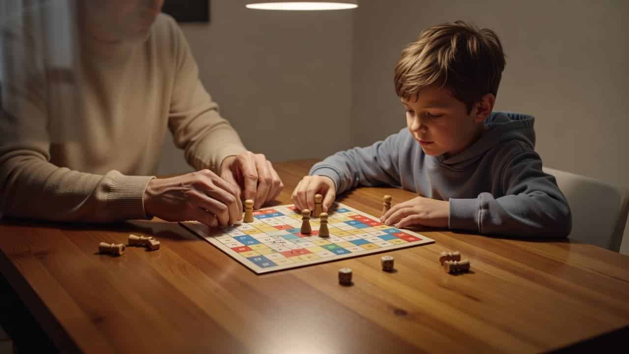 A close overhead shot captures a father and young child playing a tabletop board game. Their hands reach toward colorful tokens arranged on a smooth wooden surface under warm room lights.