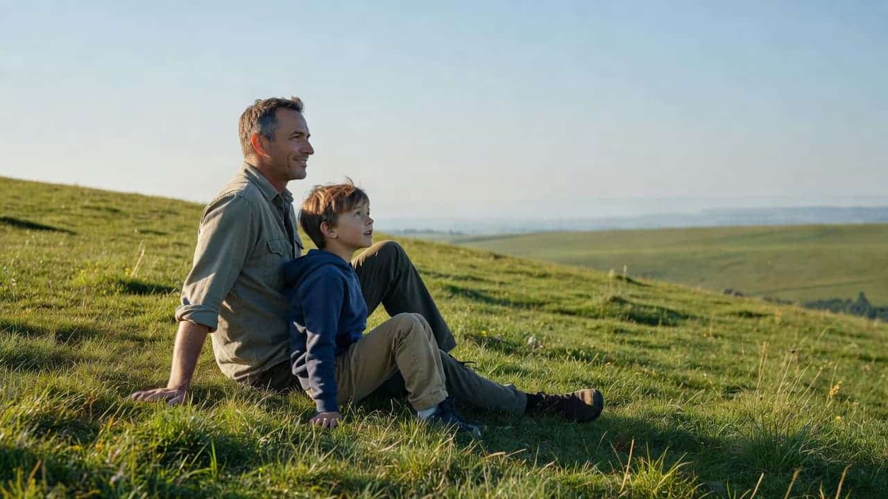 A man and his young toddler sit closely together on a lush green grass hill. They gaze toward the distant horizon while bathed in the warm, gentle glow of afternoon light.