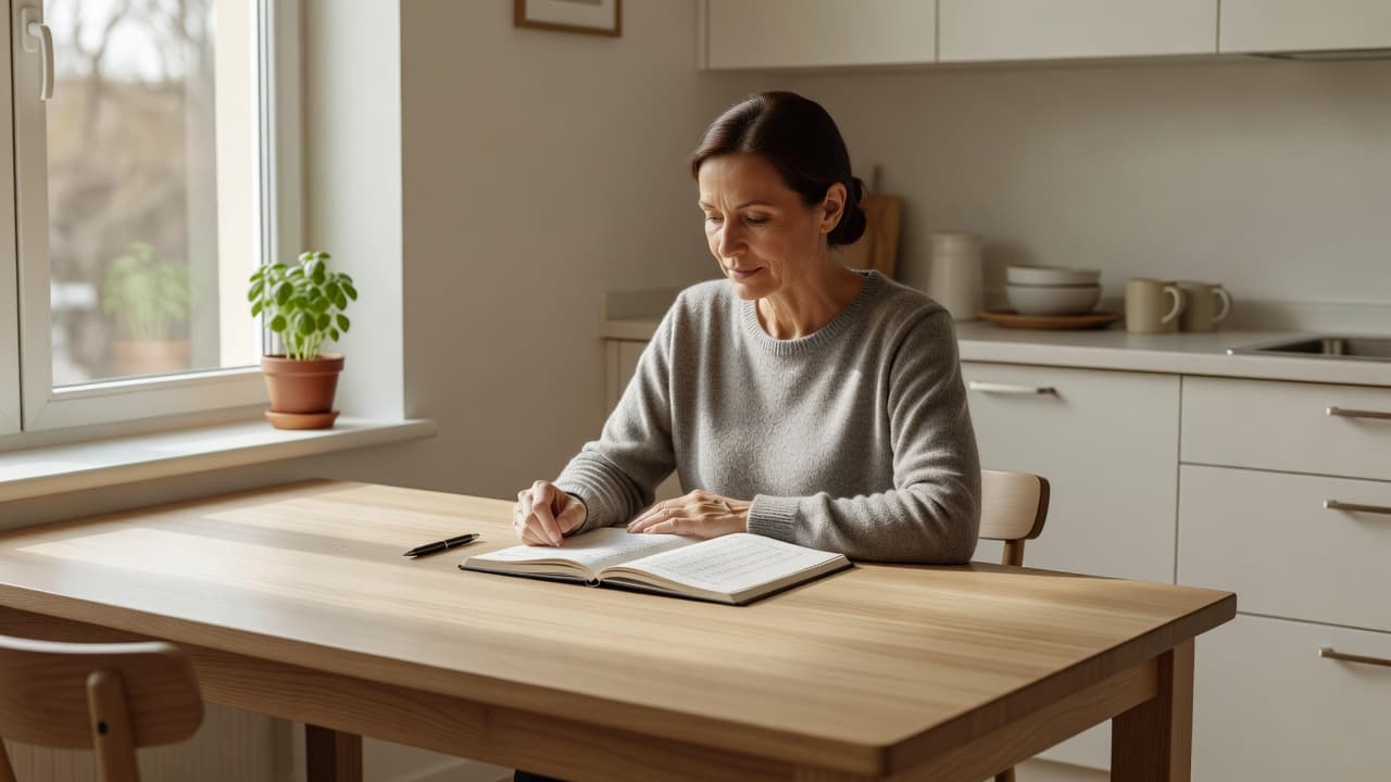 A person sits at a sunlit wooden kitchen table reviewing financial documents with a pen in hand. An organized notebook and neat paperwork create a peaceful atmosphere for personal budget management.